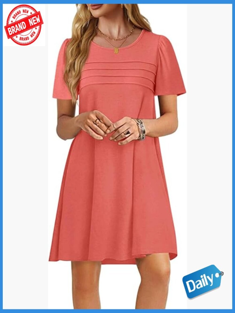 Swing Mini T Shirt Dress Short Sleeve Crewneck Pleated Flowy Beach Dresses